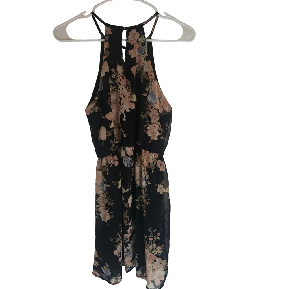 Sienna Sky Black Floral Halter Dress Cottage Core Keyhole Neck S Womens Coquette
